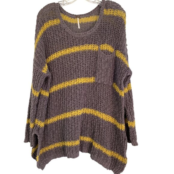 Free People XS - M Oversized Knit Sweater Gray & Yellow Striped Pullover RY10631 - Picture 4 of 10